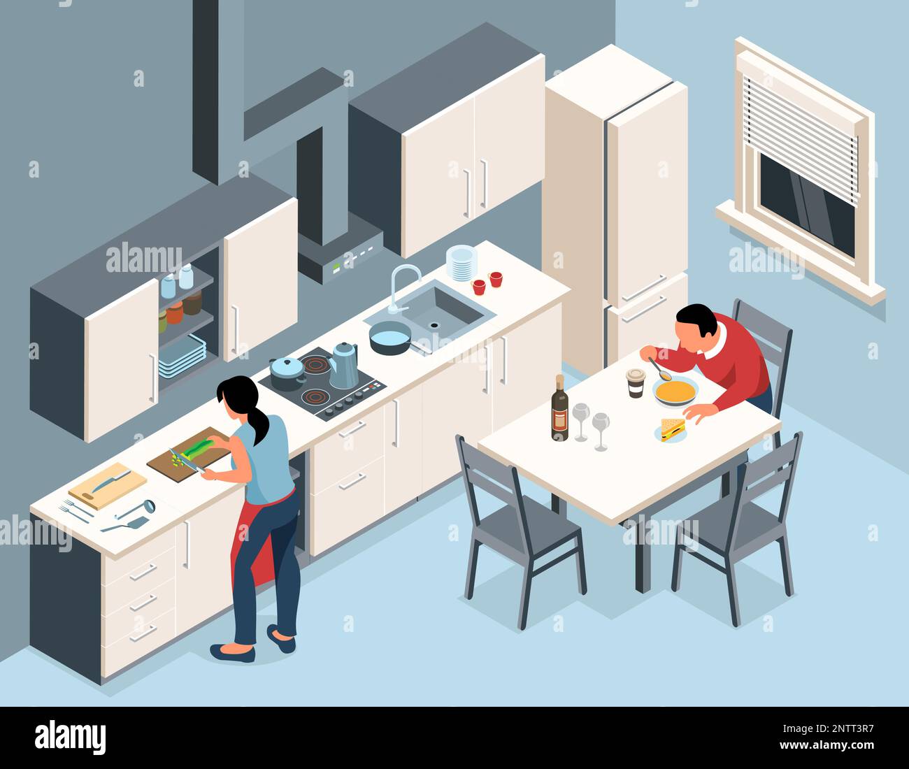 Isometric kitchen interior composition with people and modern kitchen scenery with cooking woman and eating man vector illustration Stock Vector