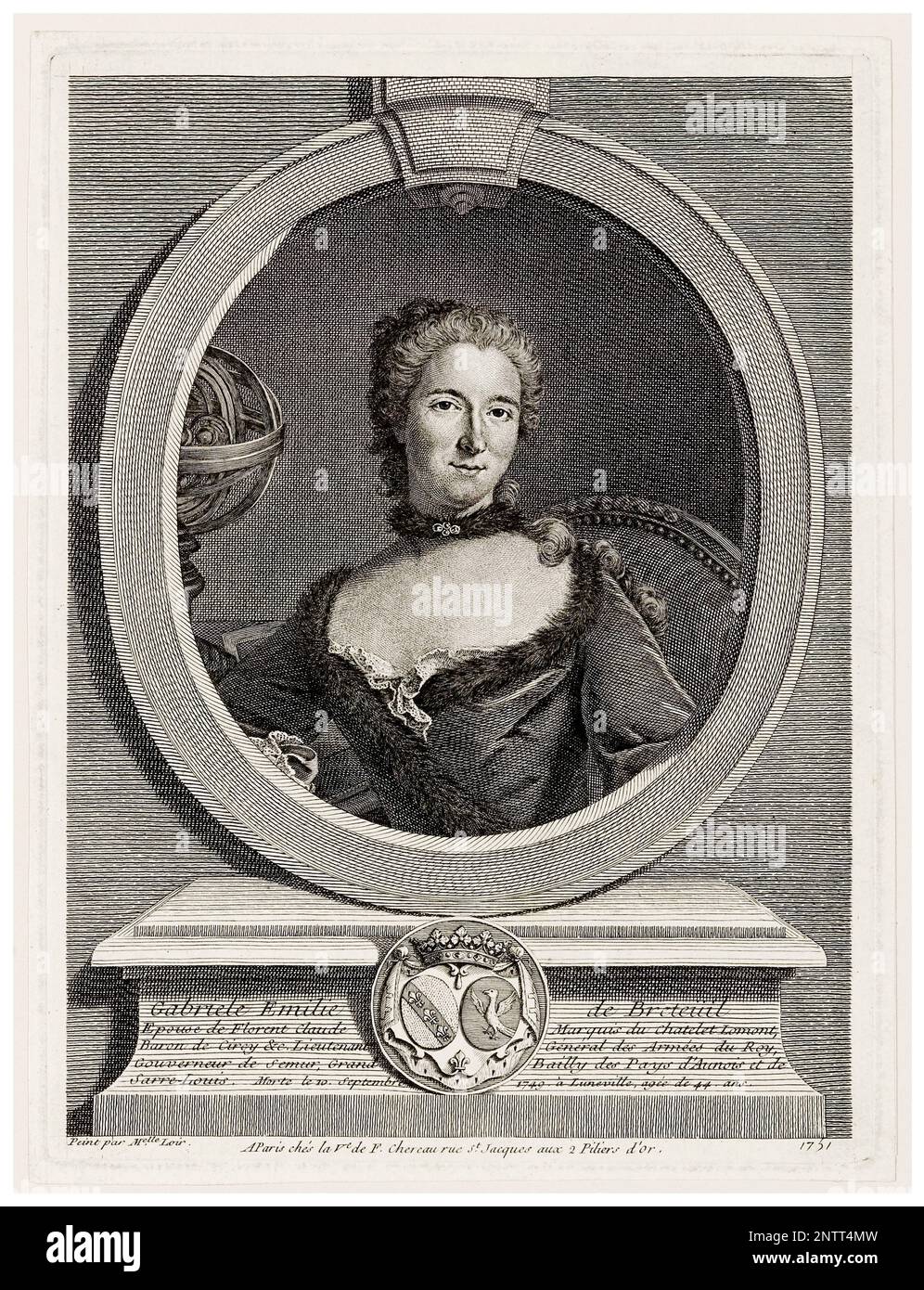 Émilie du Châtelet (1706-1749), French natural philosopher and mathematician, portrait engraving, 1751 Stock Photo