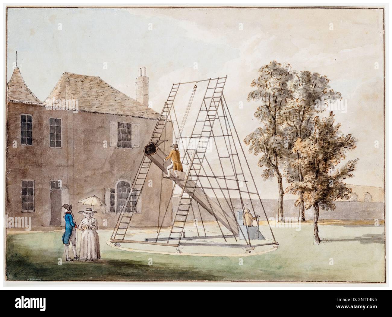 Sir William Herschel (1738-1822), exhibiting his great telescope to George III (1738-1820) at Slough in 1782, painting in watercolour by John Inigo Richards, circa 1782 Stock Photo