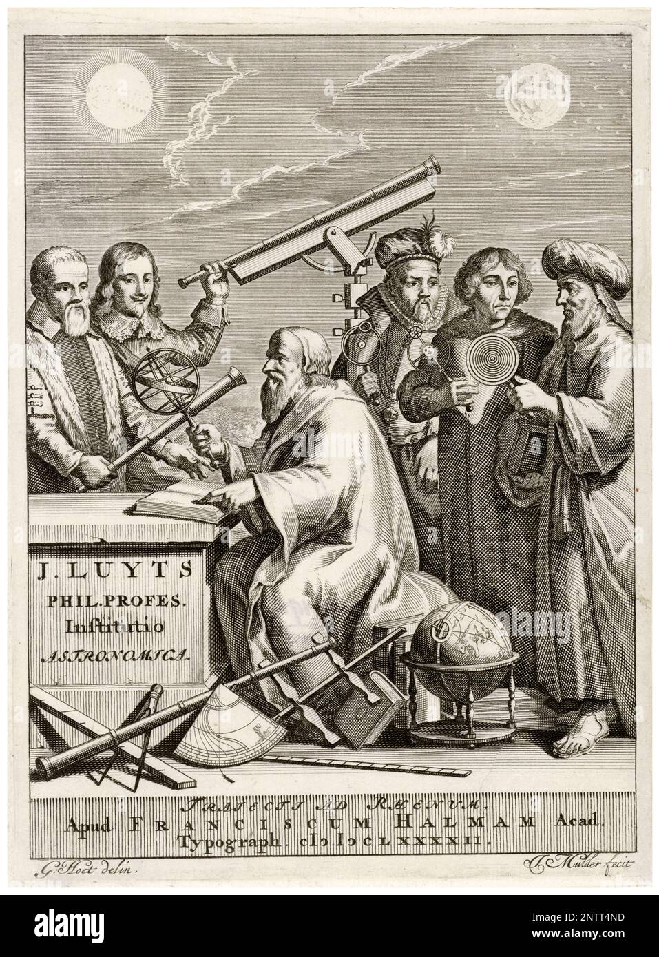 The Astronomers Galileo Galilei, Johannes Hevelius, Tycho Brahe, Nicholas Copernicus and Claudius Ptolemy stand around the seated Hipparchus, the classical founder of Astronomy, engraving by Joseph Mulder after Gerard Hoet, 1692 Stock Photo
