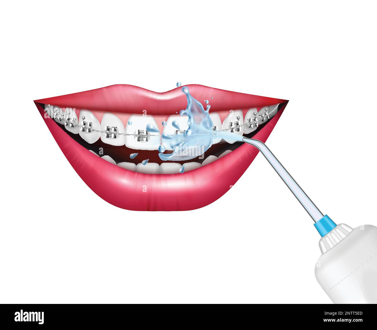 Teeth care oral hygiene realistic composition with dental irrigator