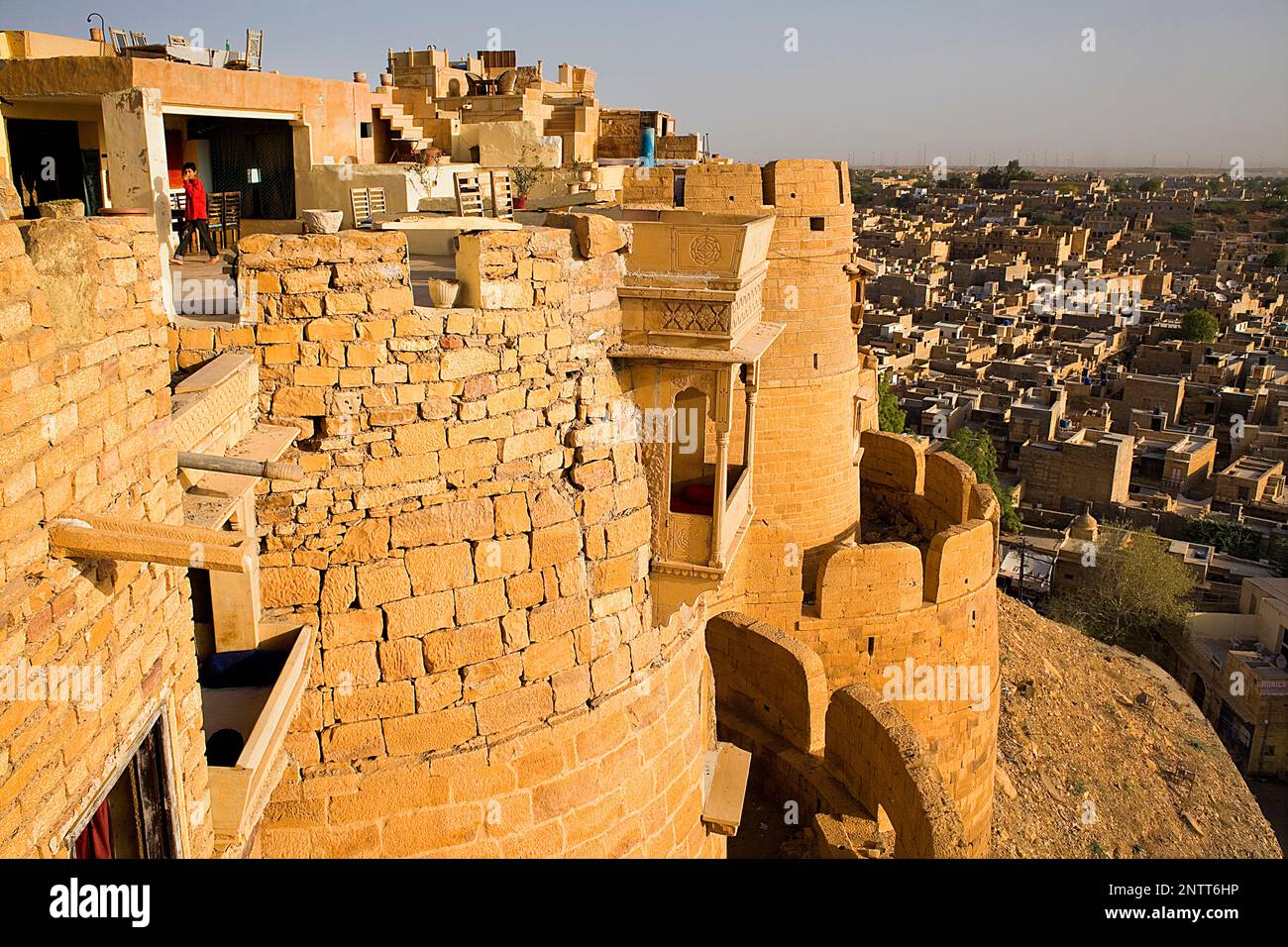 Rampart of the fort and the city â€‹â€‹rooftops in background,Jaisalmer, Rajasthan, India Stock Photo