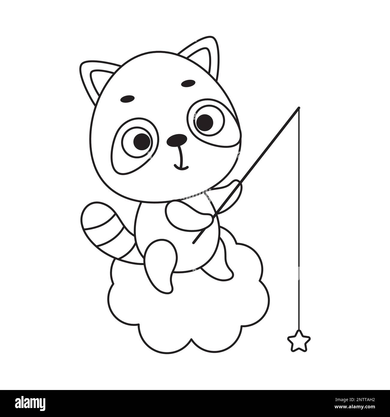 Coloring page cute little raccoon fishing star on cloud. Coloring book