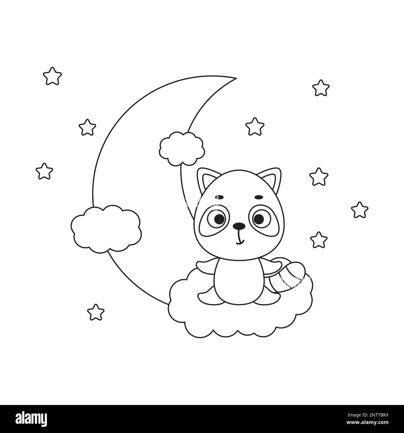 Coloring page cute little raccoon sitting on cloud. Coloring book for