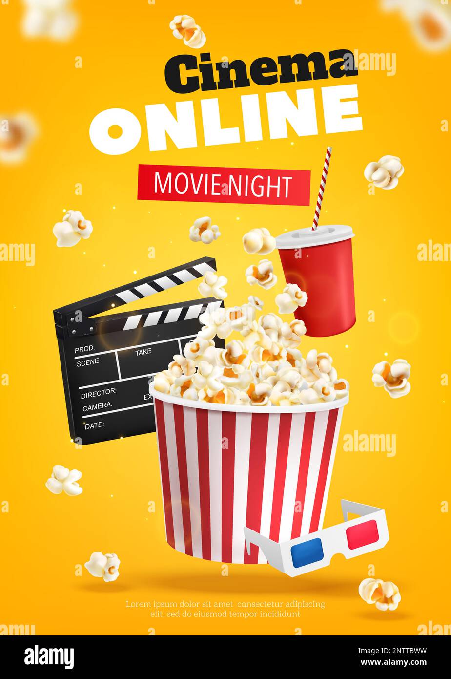Realistic movie night advertising poster with popcorn bucket and 3d glasses vector illustration