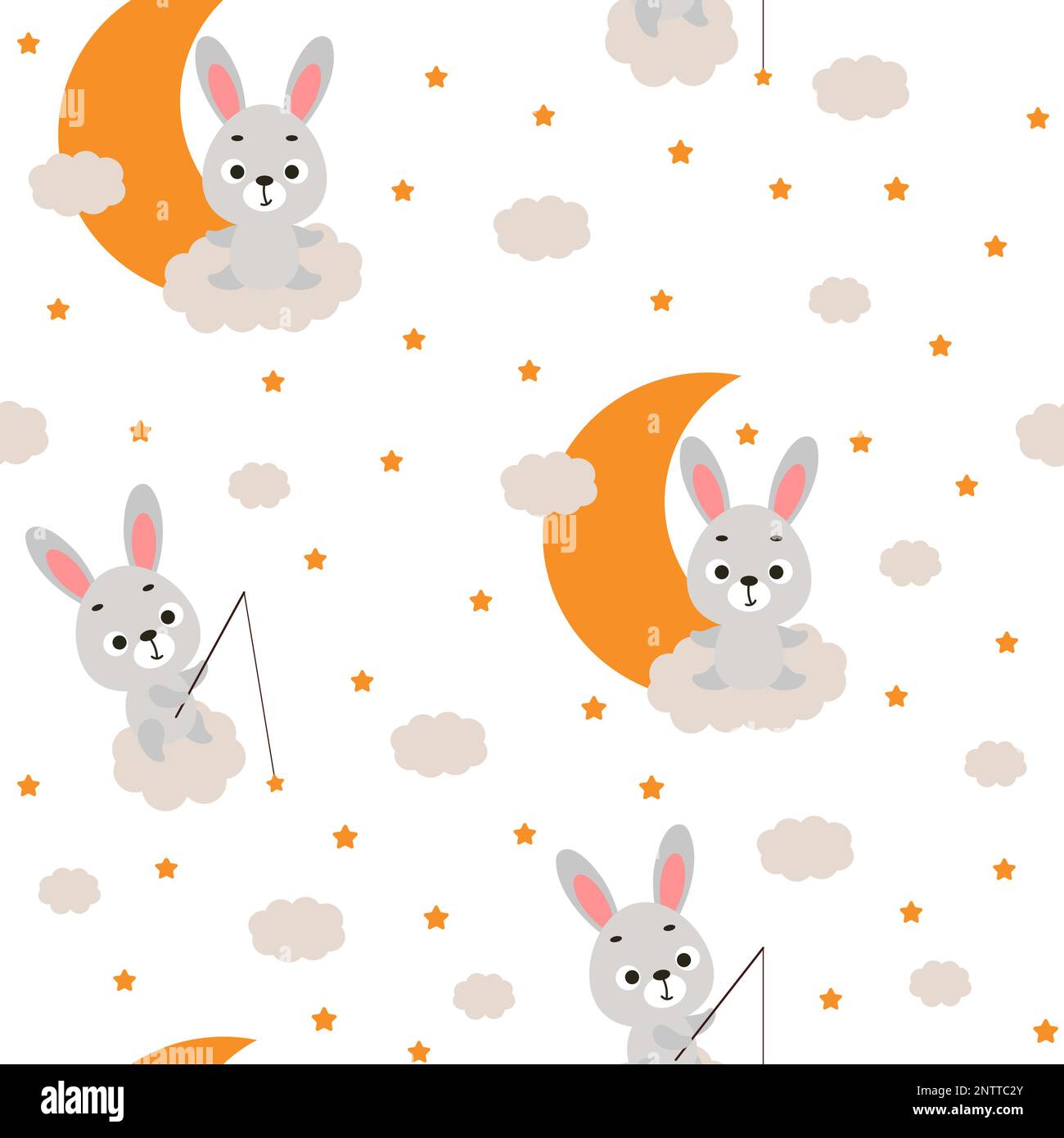Cute little hare sitting on cloud and fishing star seamless childish ...