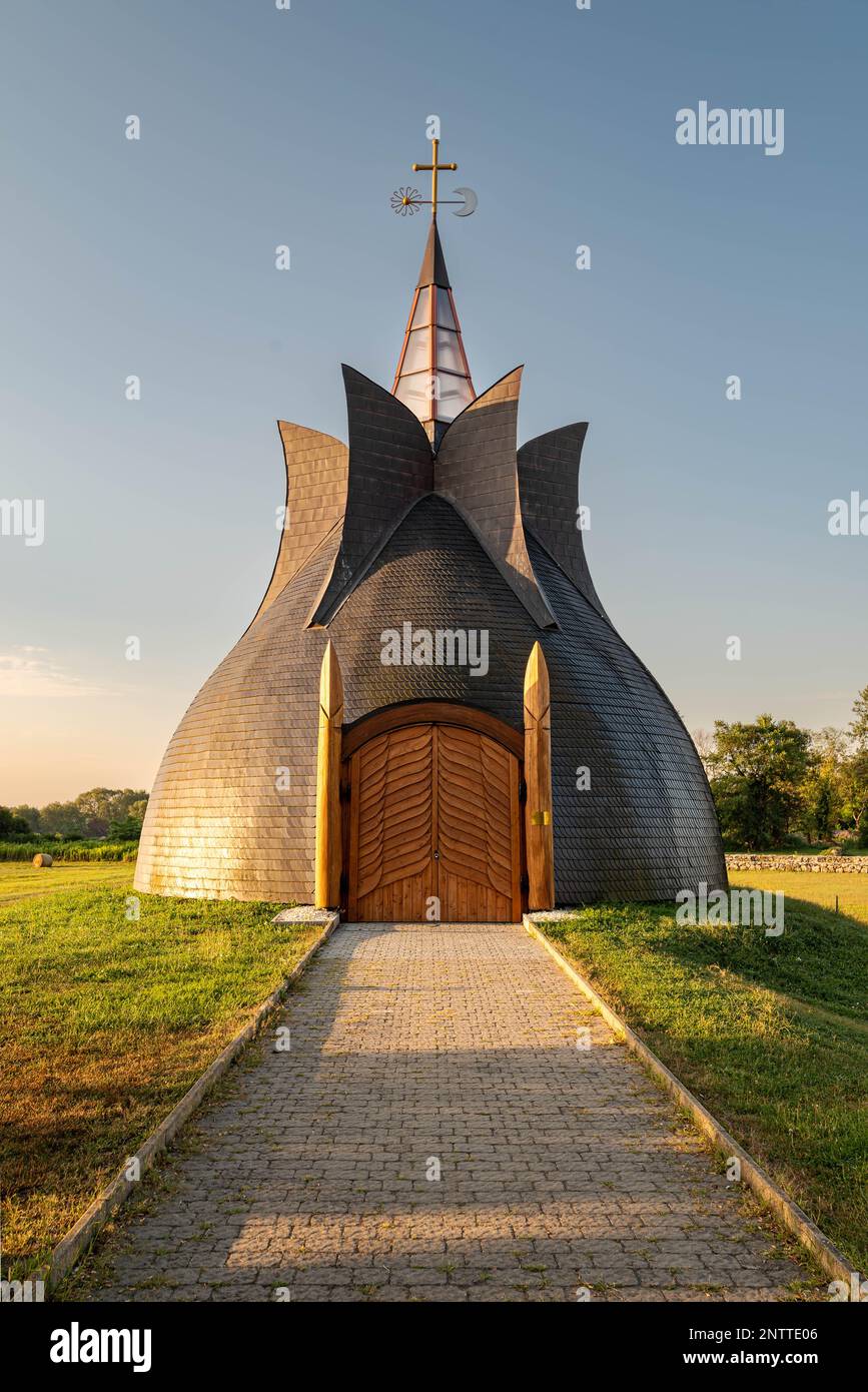 The Millenary monument and Martyr Adryan church's ruins in Kis-Balaton region Hungary, This is a touristical attraction next to lake Balaton. Historic Stock Photo