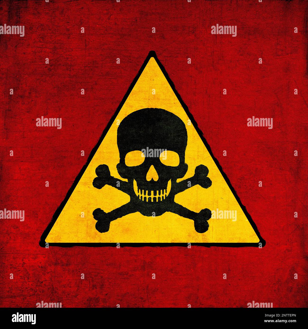 Skull and bones icon, yellow and black on red. Death threat sign, grunge textured Stock Photo