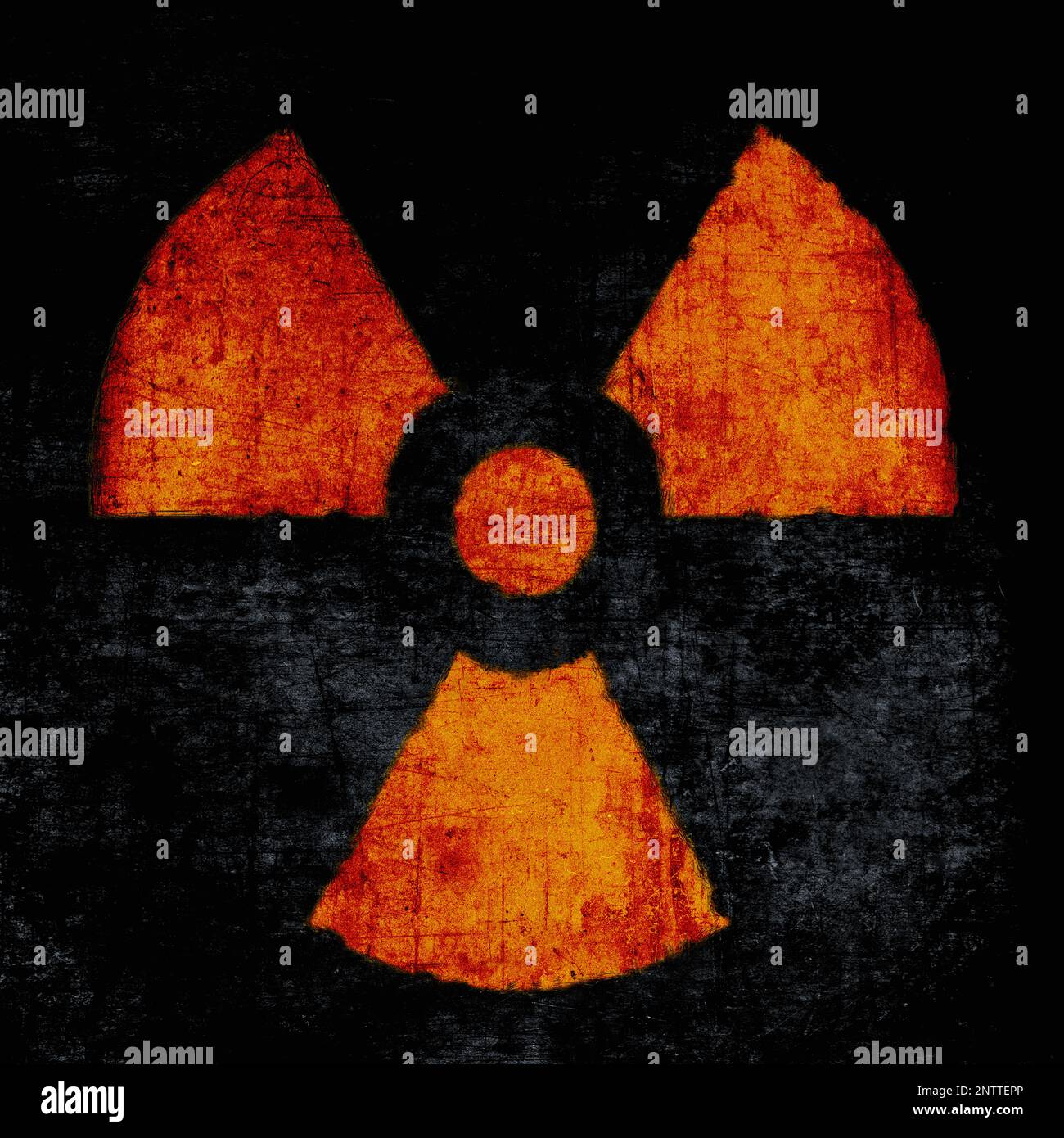 Radiation sign, red on black. Nuclear hazard emblem, grunge textured. Radioactive threat symbol Stock Photo