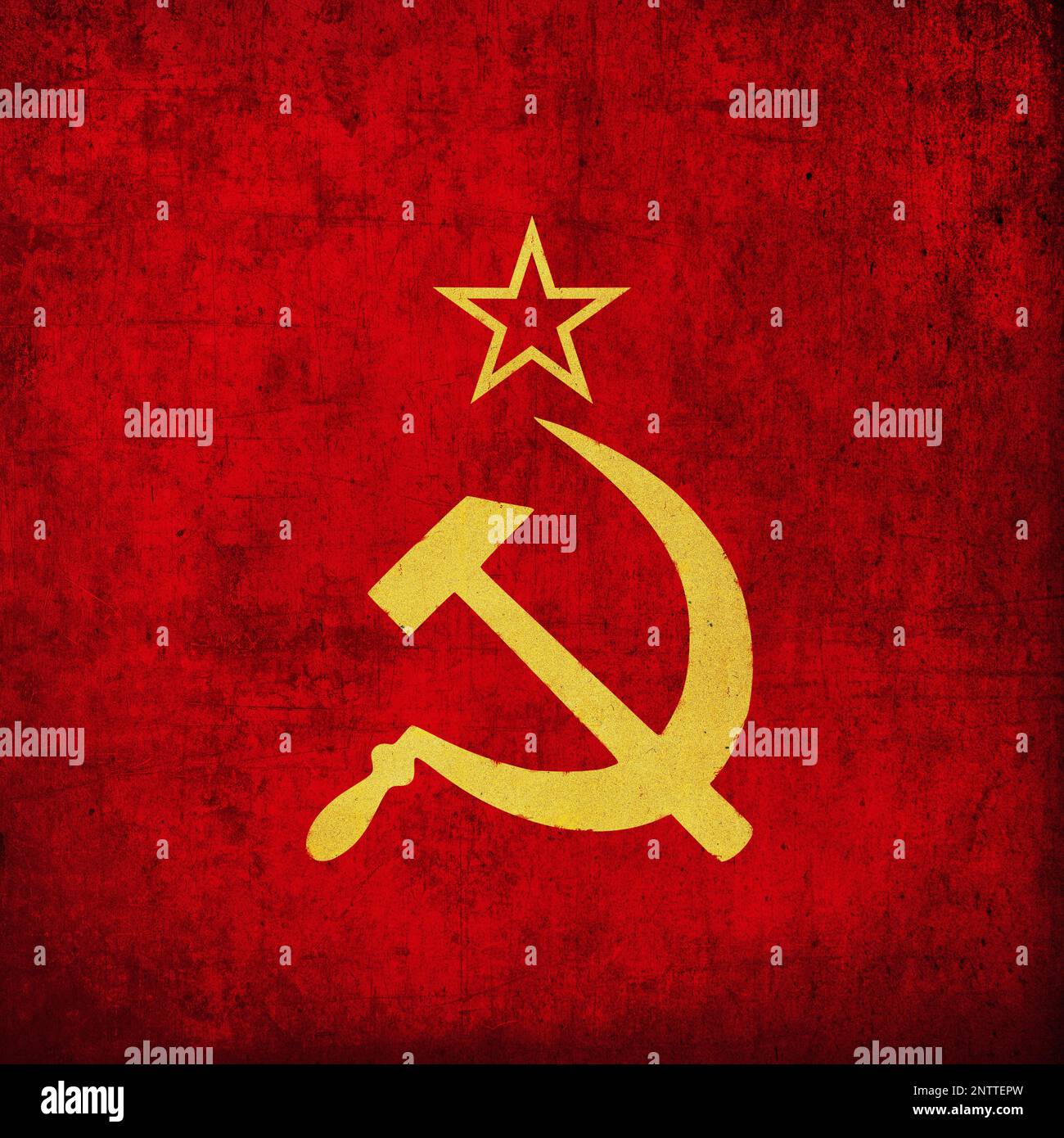 Soviet Union flag fragment: star, hammer and sickle on red background. USSR banner, grunge textured Stock Photo