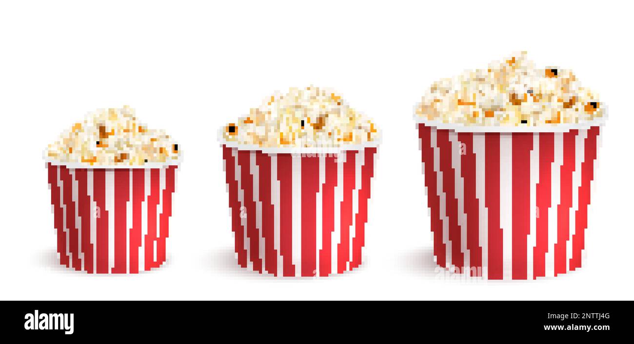 Realistic sweet and salty popcorn in striped buckets icons set isolated