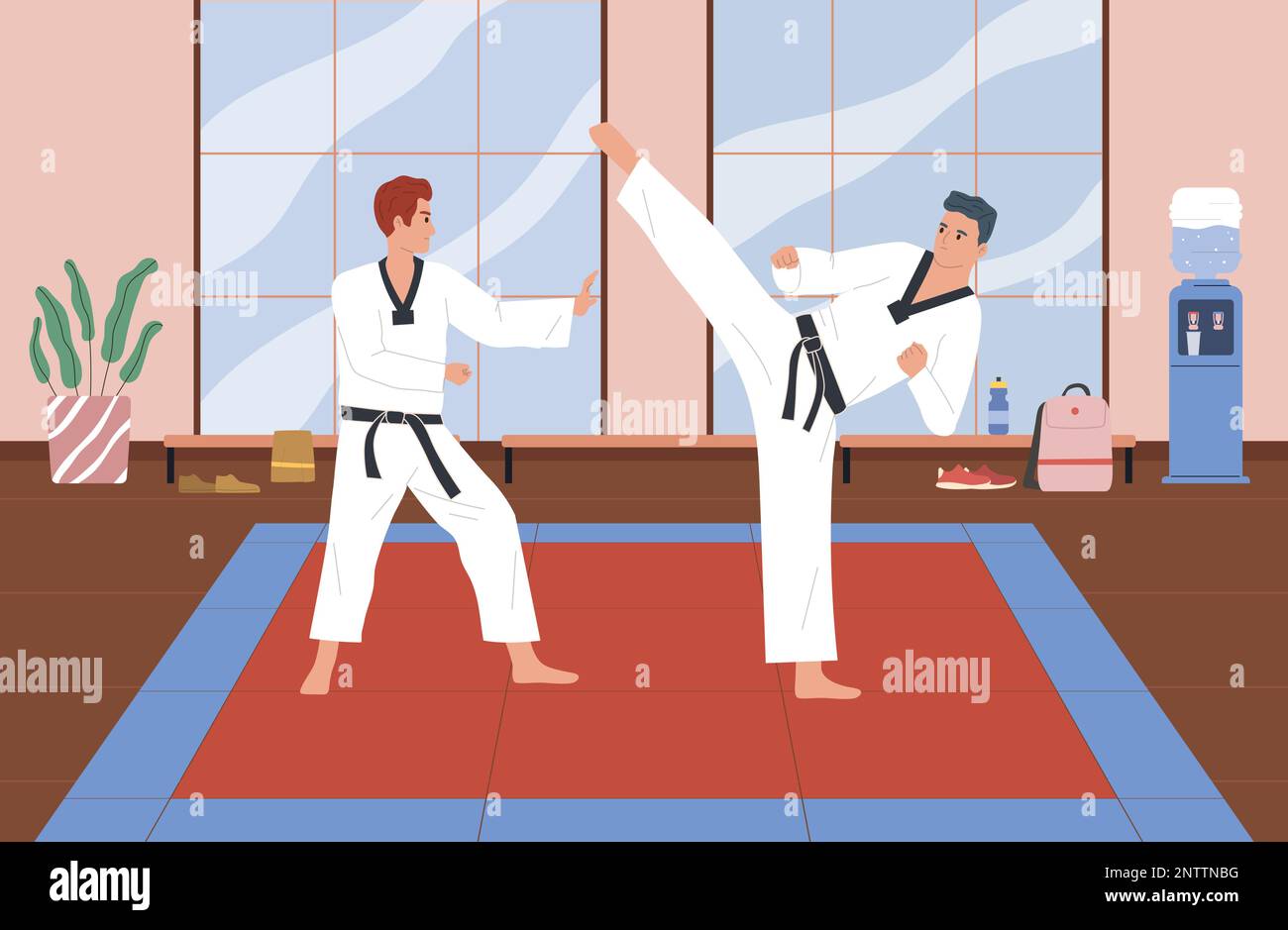 Fighters flat icon set two athletes in white coats with black belts