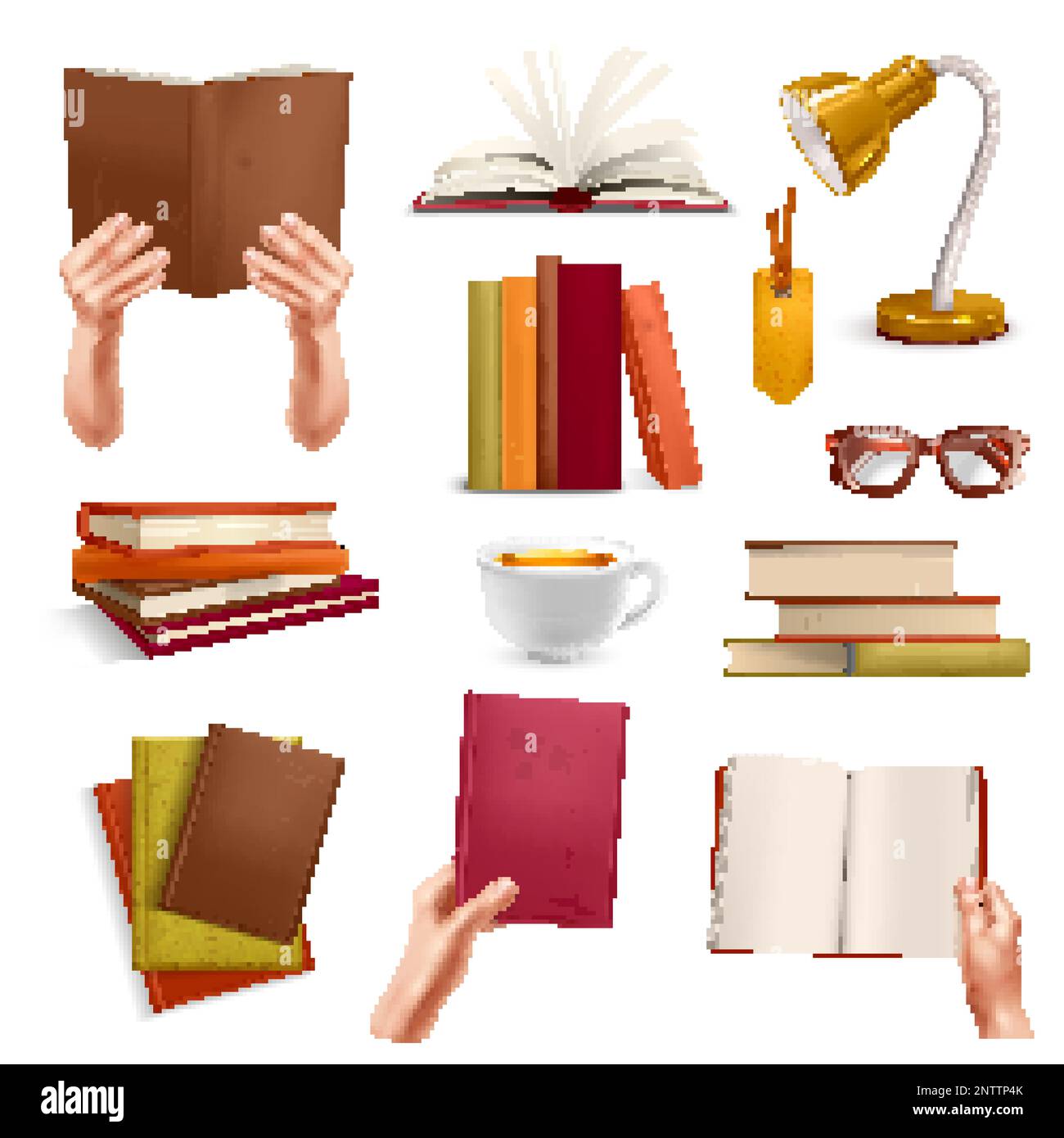 Realistic book lover icons set with bookstore and reading symbols