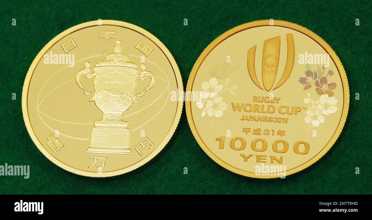 Ministry of Finance issues 10,000 yen (about 90 US dollars) gold coin to  commemorate the Rugby World Cup Japan tournament in Osaka, on March 5,  2019. The selling price is 120,000 yen