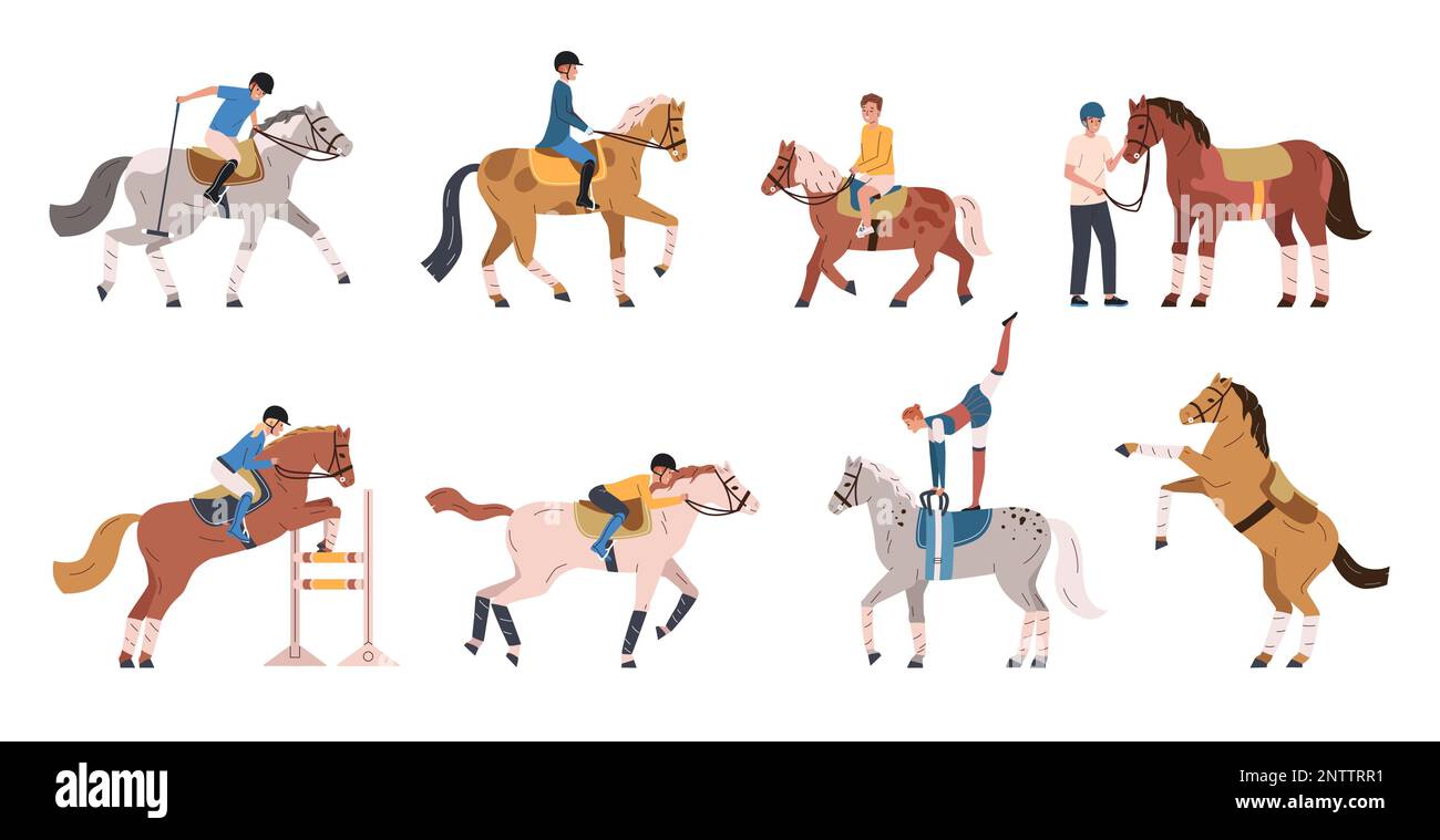 Horse sport flat set with adults and children practising horseback