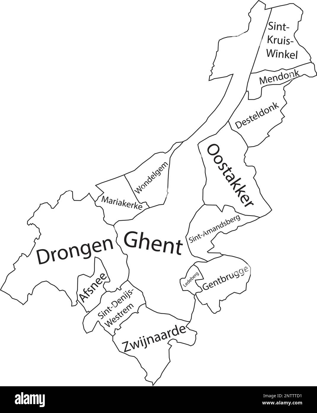 White tagged municipalities map of GHENT, BELGIUM Stock Vector Image