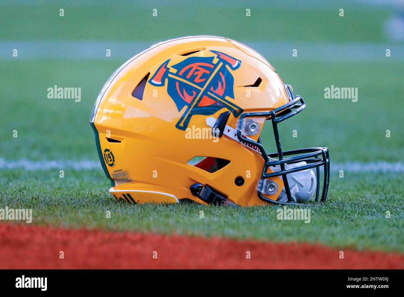 TEMPE, AZ - MARCH 03: An Arizona Hotshots helmet on the field during the AAF  football game between the Atlanta Legends and the Arizona Hotshots on March  3, 2019 at Sun Devil