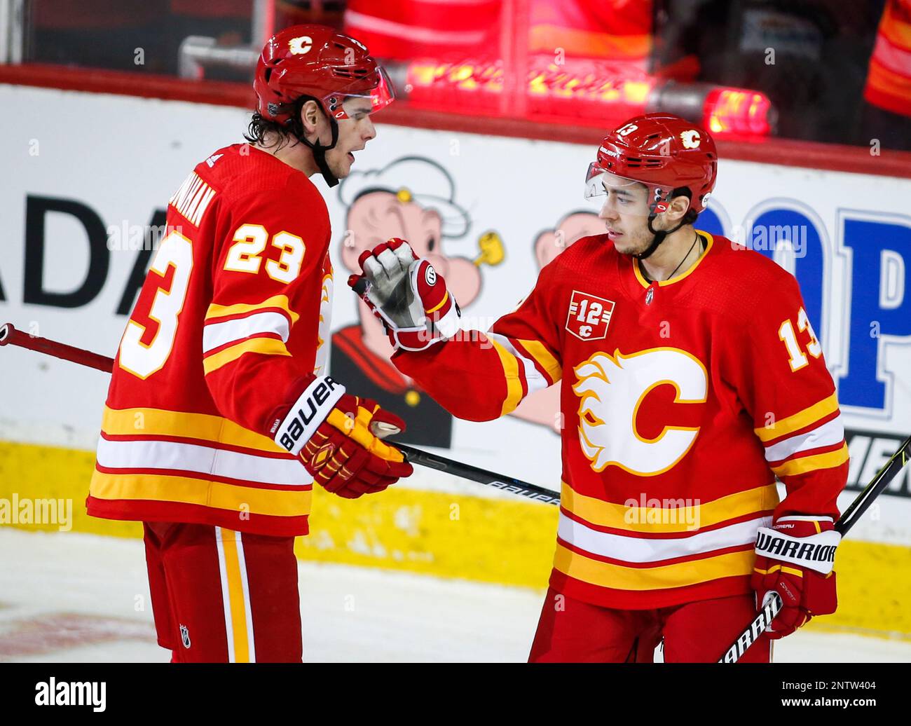 Calgary Flames' Sean Monahan, left, celebrates his goal against