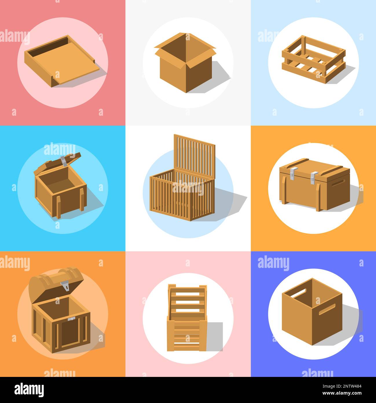Boxes 3d set of round compositions with wooden boxes of various shapes