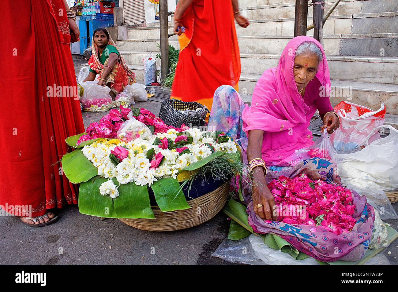 Flower sellers at the door of Jagdish Temple,Udaipur, Rajasthan, india