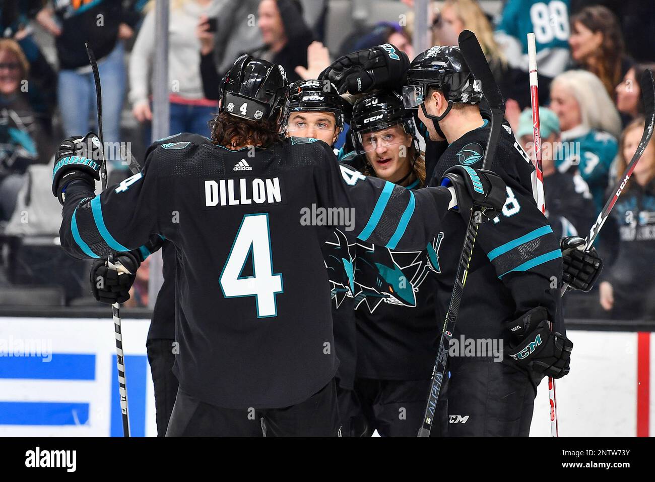 San Jose Sharks defenseman Brenden Dillon (4)during the NHL hockey game  against the Calgary Flames, Monday, Feb. 10, 2020, in San Jose, California,  USA. The Flames defeated the Sharks 6-2. (Photo by