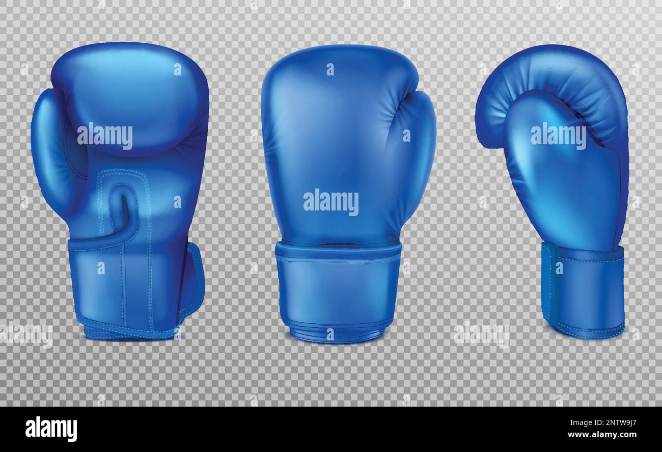 Blue boxing gloves set with realistic isolated images of mufflers from different angle on