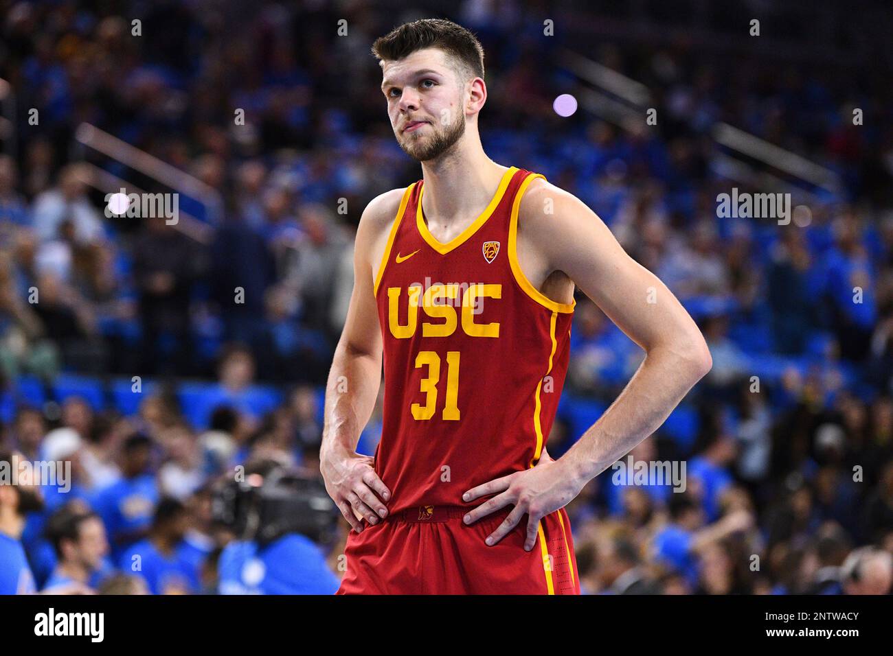 LOS ANGELES, CA - FEBRUARY 28: USC forward Nick Rakocevic (31) looks on ...