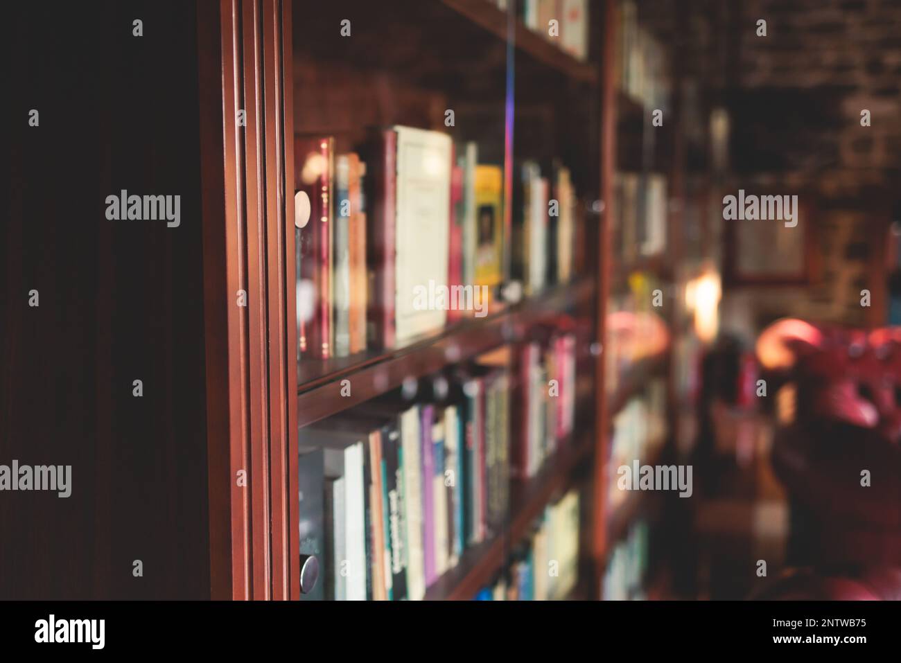Old university college library interior with a bookshelves catalog, books and bookcase, classic