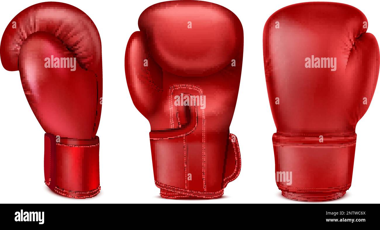 Boxing gloves realistic set with isolated images of red muffler from different angle on blank