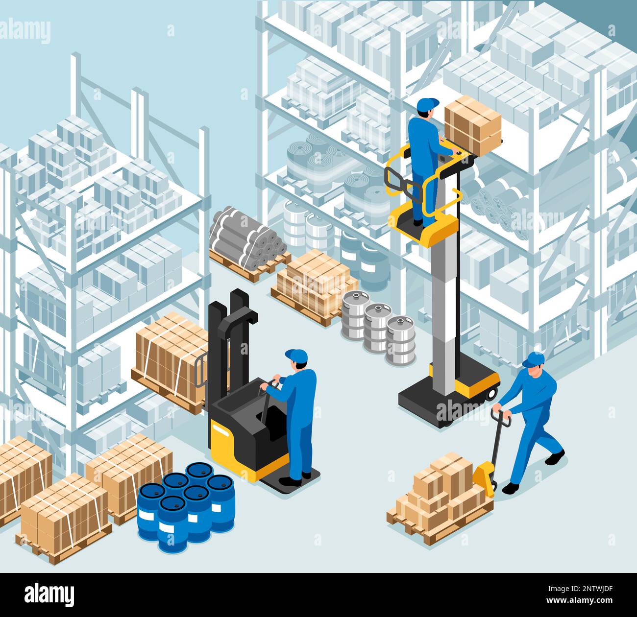 Isometric warehouse interior concept with workers loading cardboard boxes vector illustration Stock Vector