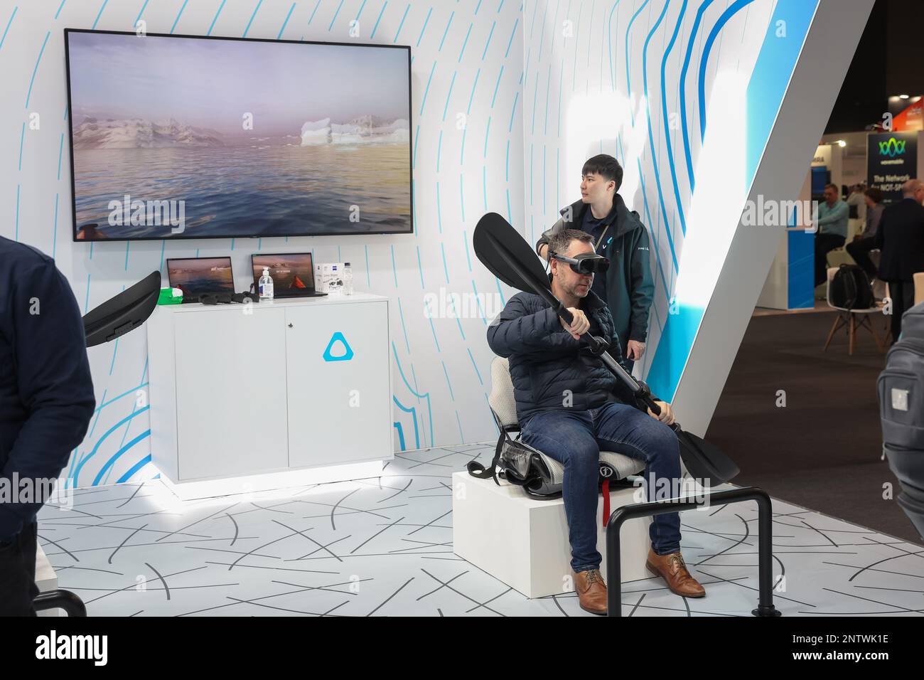 Barcelona, Spain, 27/02/2023, An attendee wears a pair of augmented