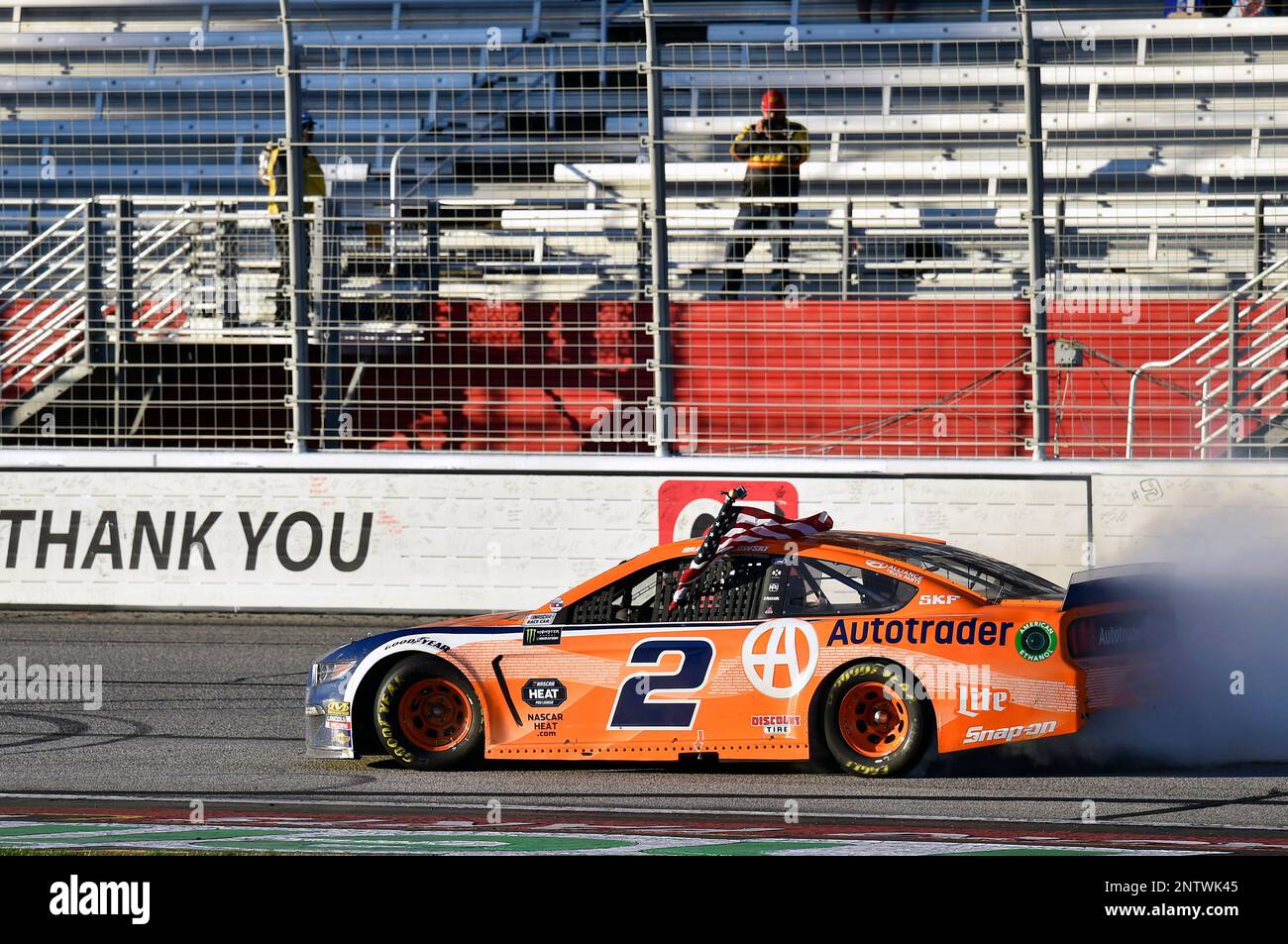 2 Brad Keselowski, Team Penske, Ford Mustang celebrates his win during the NASCAR Monster Energy Cup Series race Folds of Honor QuikTrip 500 Race at Atlanta Motor Speedway, Sunday, February 24, 2019,