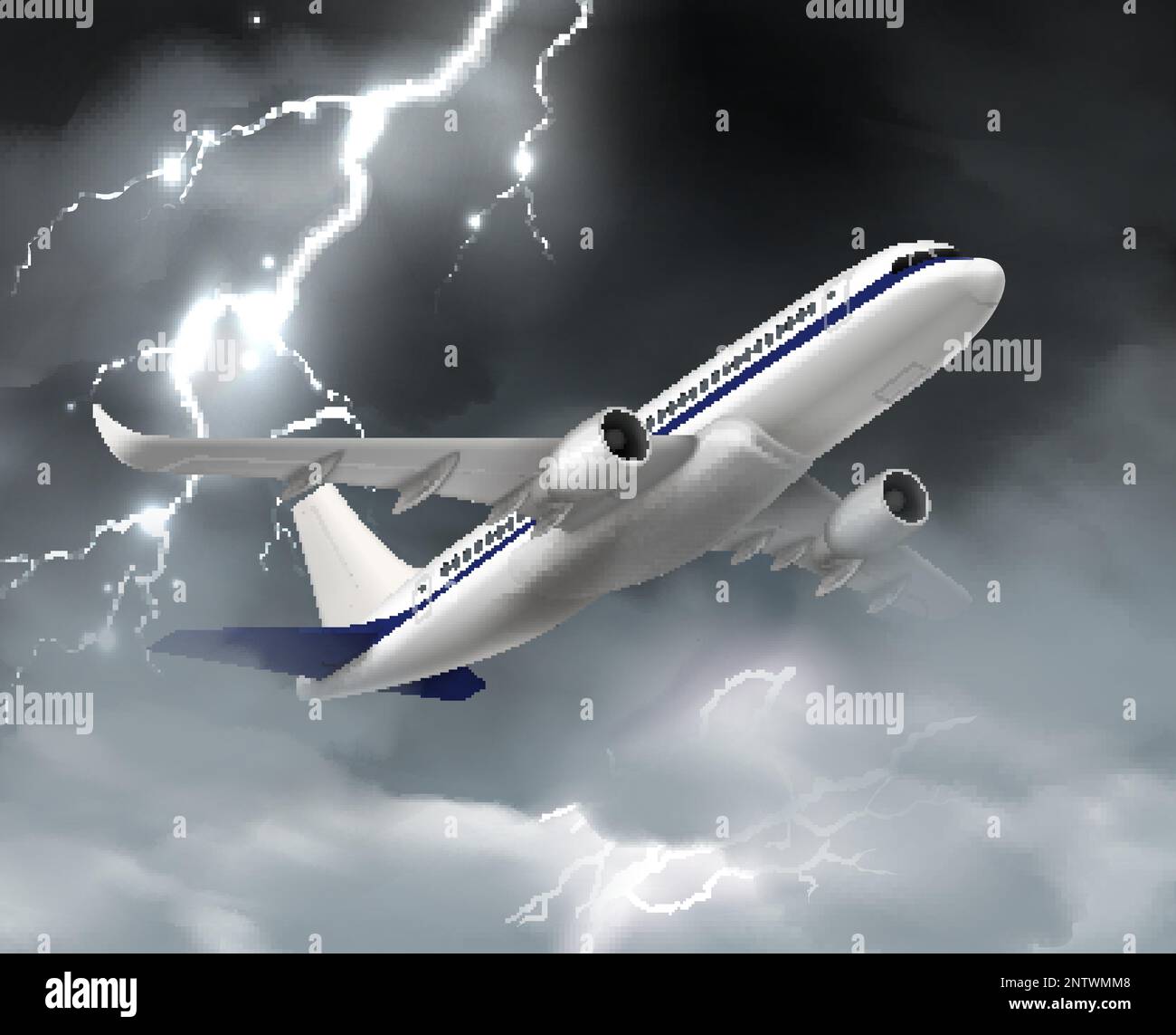 Flying airplane storm realistic composition with stormy scenery and
