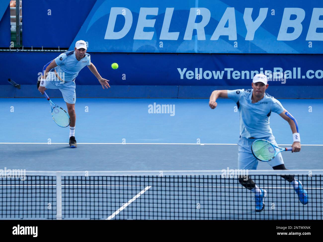 February 23, 2019: Mike Bryan (left), of the United States, serves the  ball, as his brother Bob (right) follows the action, during their seminal  doubles match against Jamie Cerretani, of the United