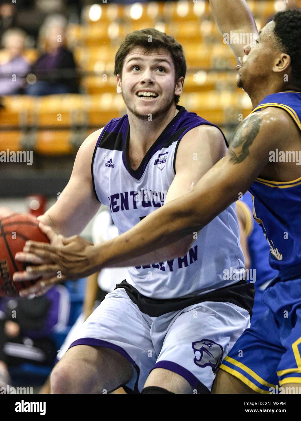 Kentucky Wesleyan's Tyler Bezold looks to shoot while defended by Alderson  Broaddus' Mike Davis during a college basketball game, Saturday, Feb. 23,  2019, in Owensboro, Ky. (Greg Eans/The Messenger-Inquirer via AP Stock