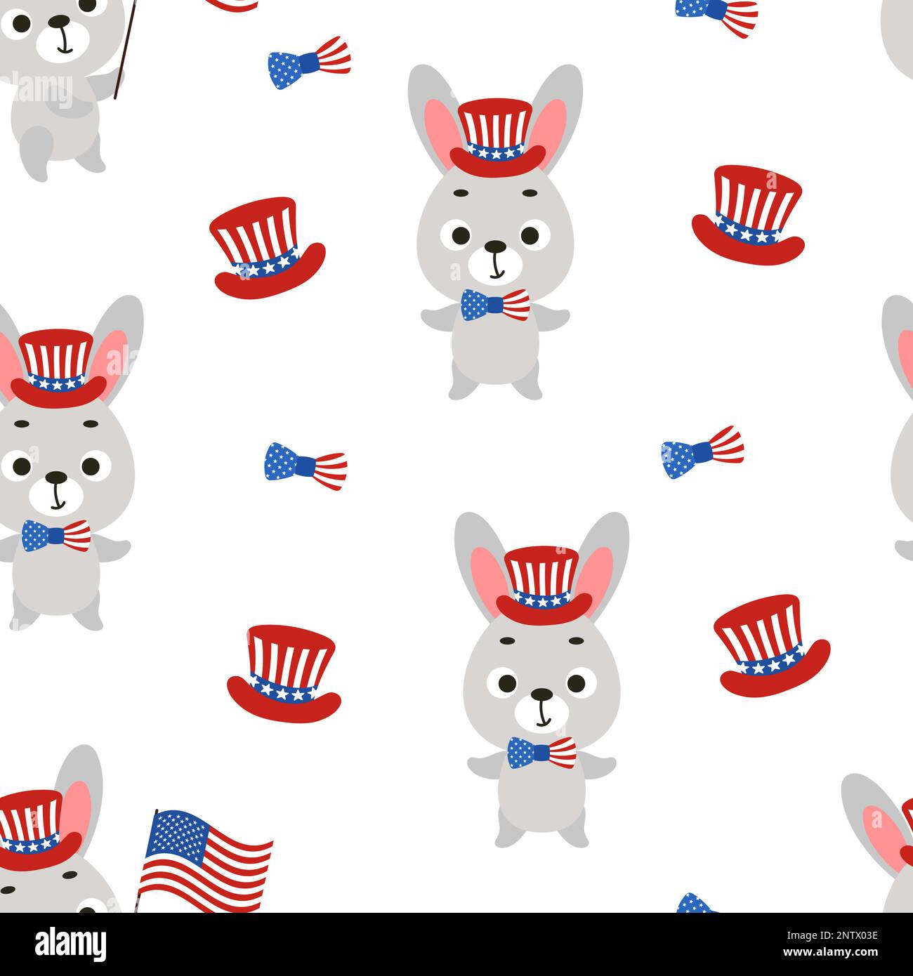 Cute little hare in USA patriotic hat seamless childish pattern. Funny ...