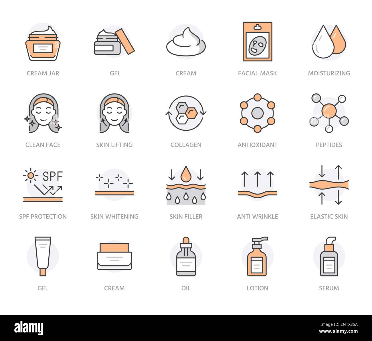 Skin care flat line icons set. Moisturizing cream, anti age lifting