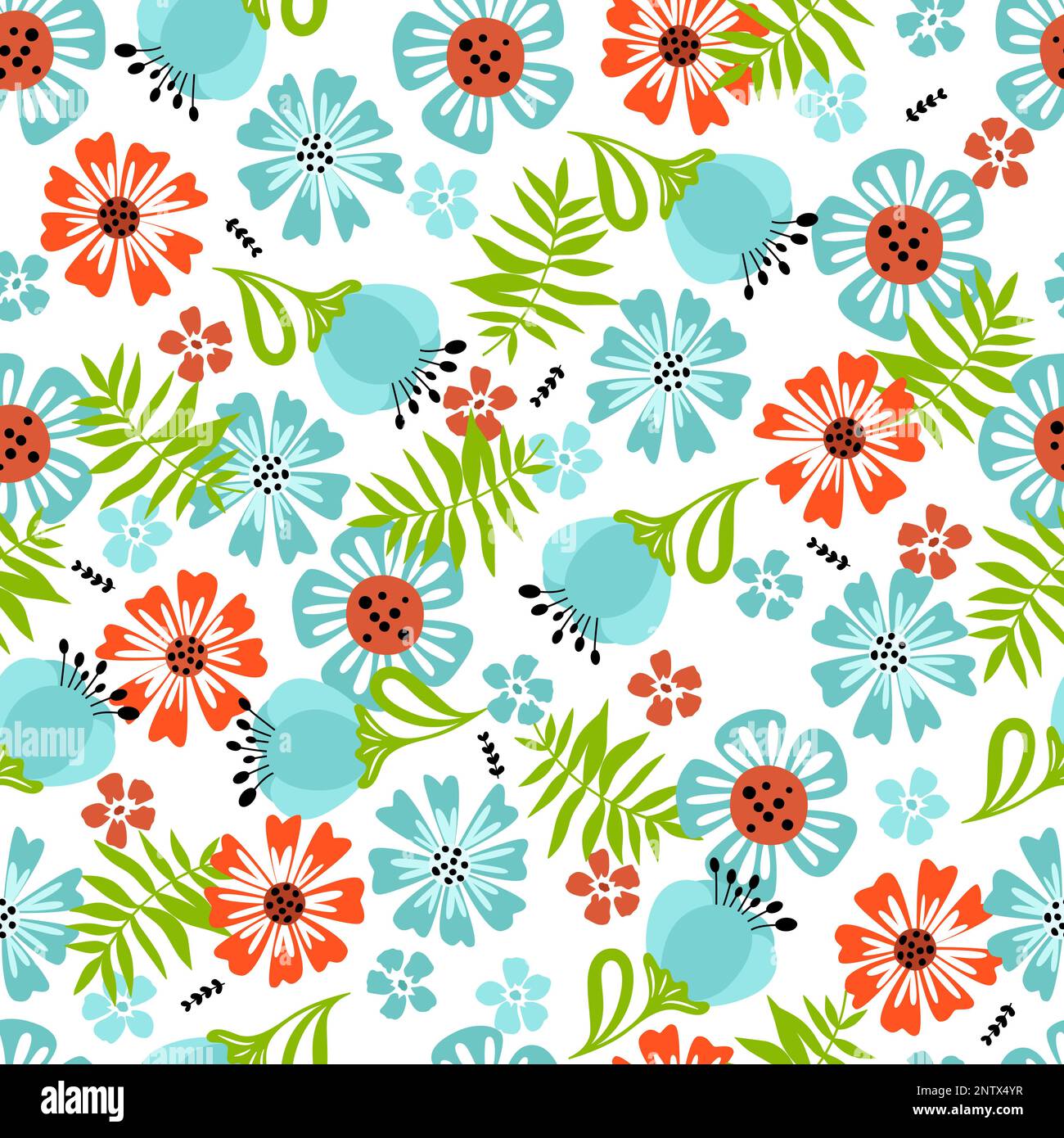 Cute, bright seamless pattern with flowers and leaves. Stock Vector