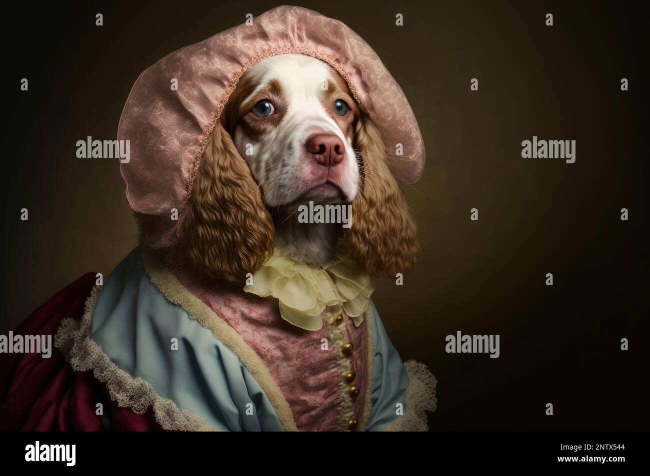 Cavalier king charles dog wearing a pretty dress against dark