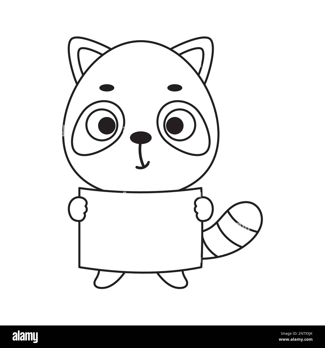 Coloring page cute little raccoon holds paper sheet. Coloring book for