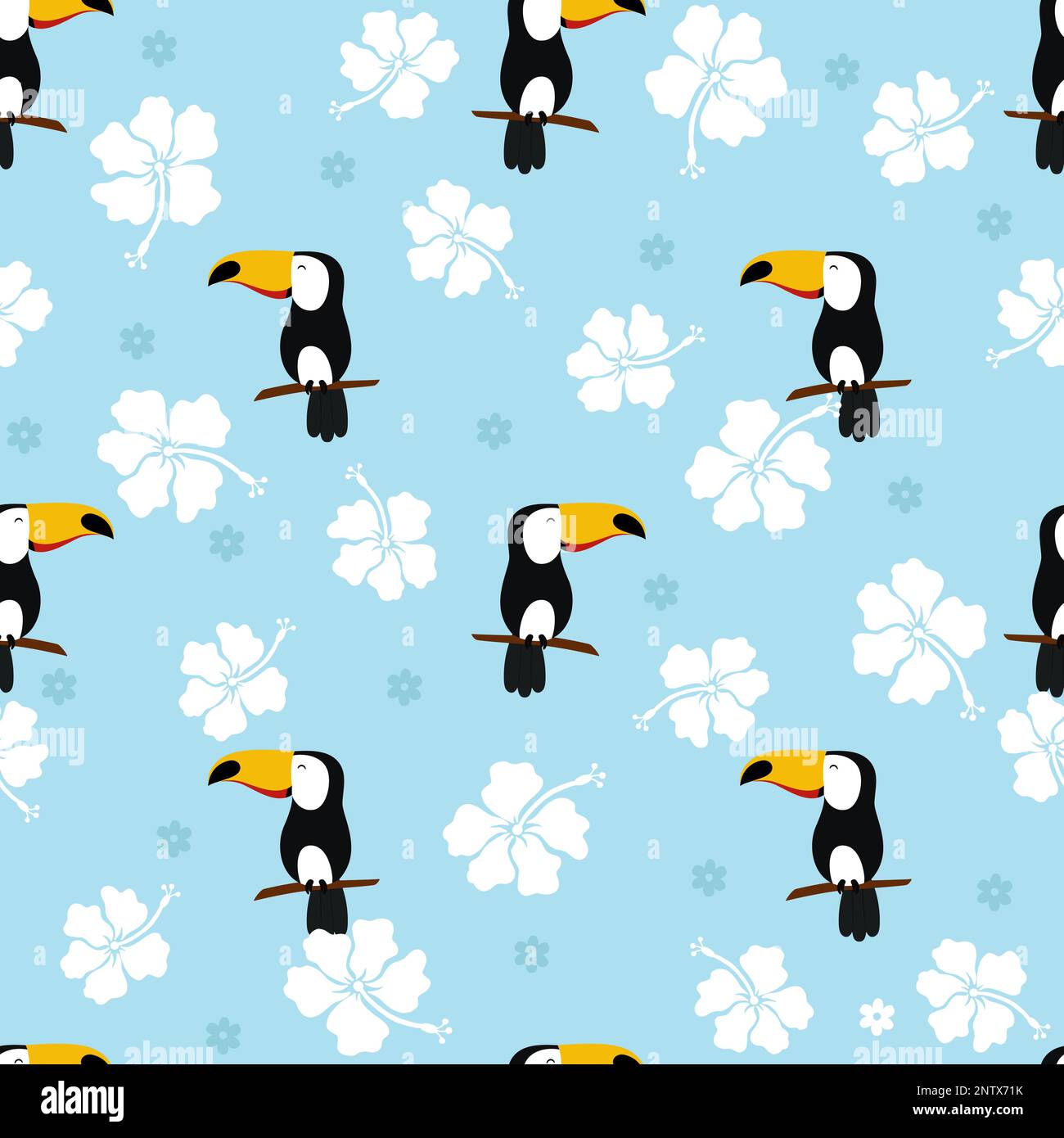 Seamless tropical pattern. Vector background with toucans and flowers Stock Vector