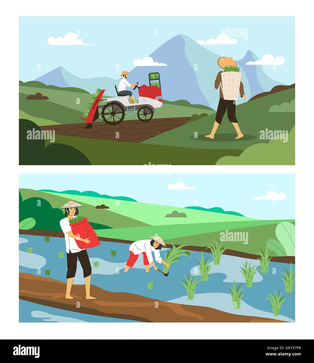 Asian farmers wearing straw hats working on fields flat set of two