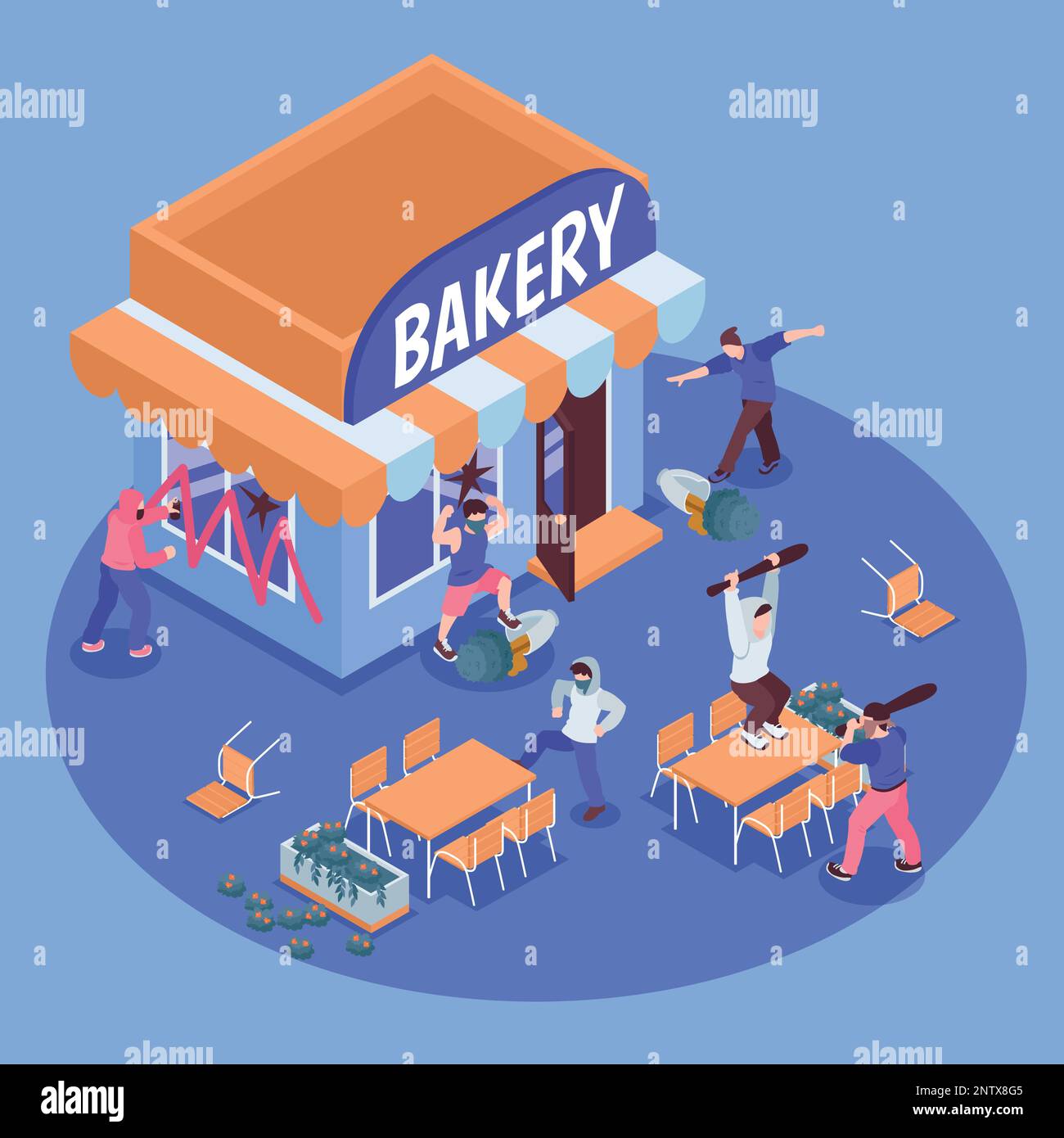 Street hooligans with bats and spray paint damaging bakery building and ...