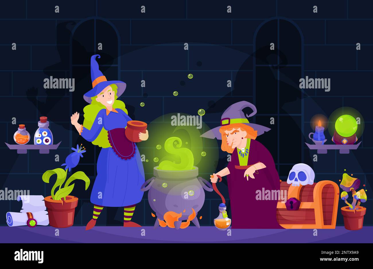 Magic poster with two witches making magician potion vector illustration Stock Vector