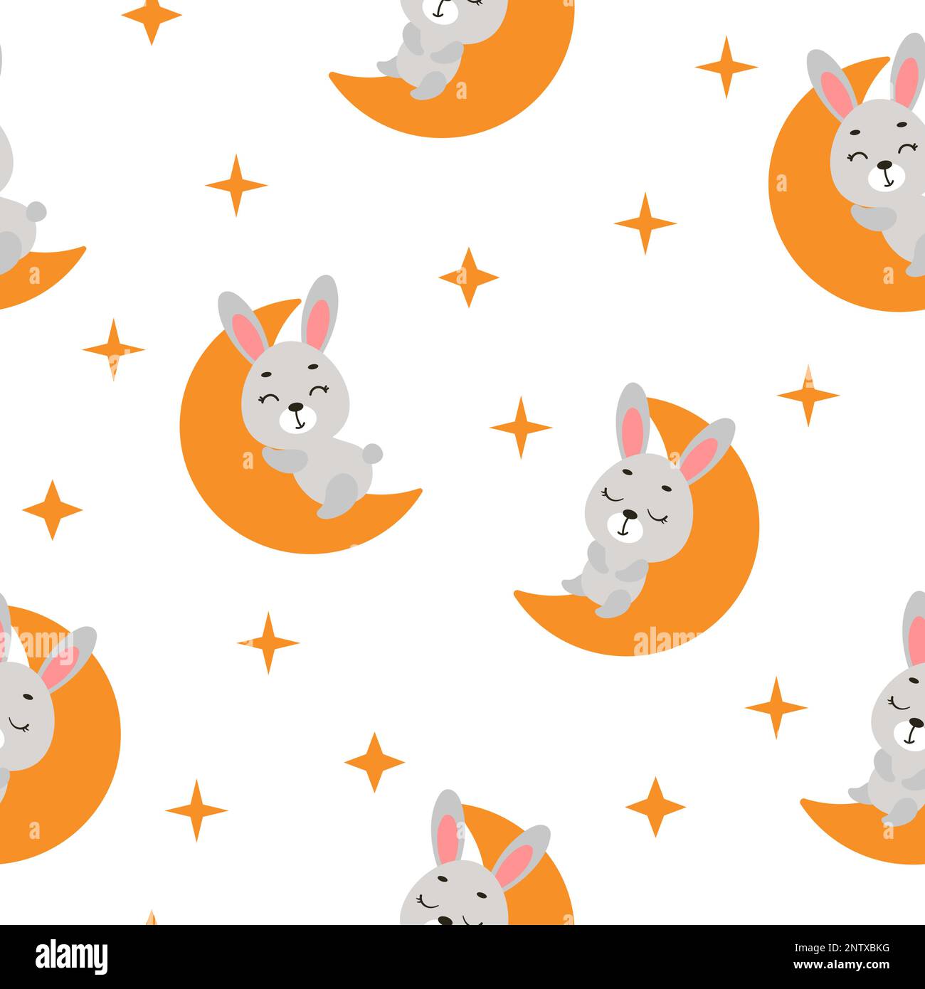 Cute little hare sleeping on moon seamless childish pattern. Funny ...