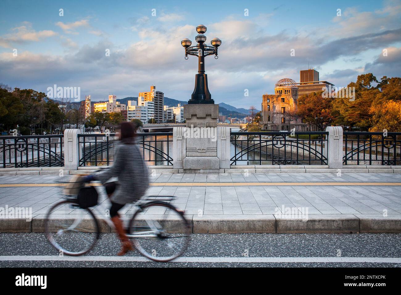 Heiwaohashi bridge,in background at right Atomic Bomb Dome, Hiroshima, Japan Stock Photo