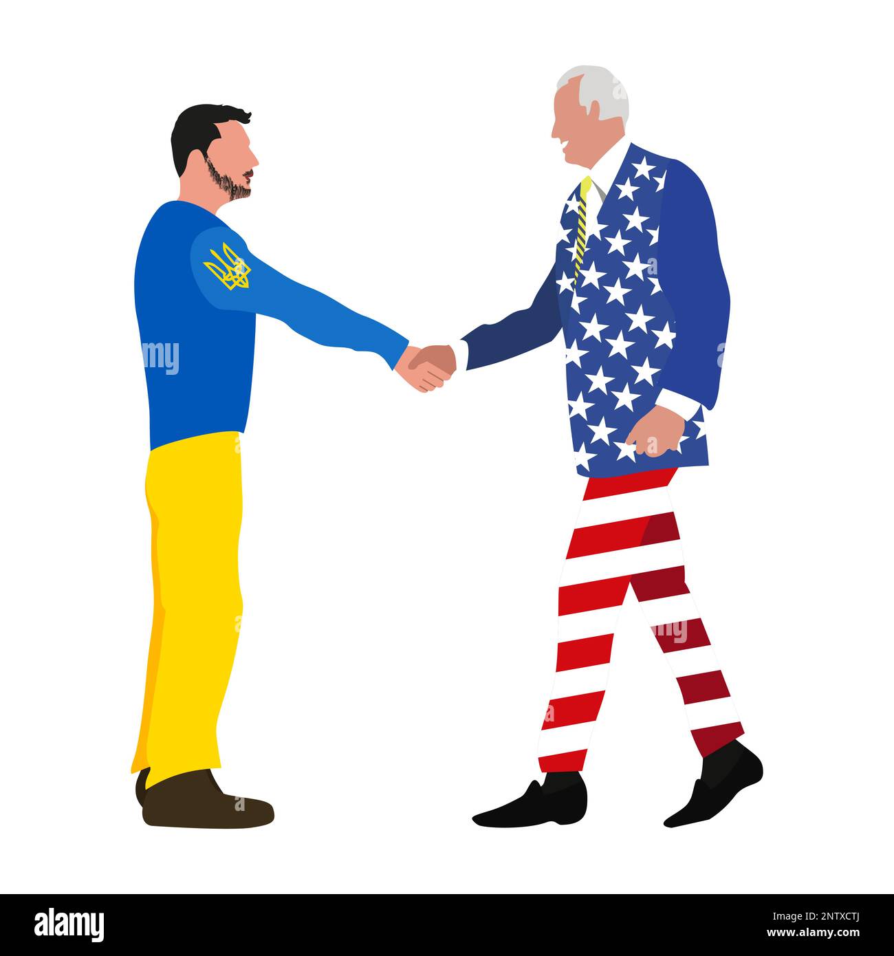 The concept of cooperation between Ukraine and the USA.Men dressed in clothes printed with the flag of Ukraine and the flag of the United States shake Stock Vector