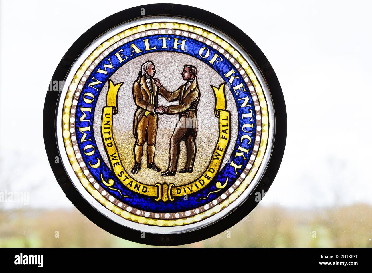 Stained glass Great Seal of the Commonwealth of Kentucky on the windows of the Chapel.Cambridge American Cemetery and Memorial, Madingley, Cambridgesh Stock Photo