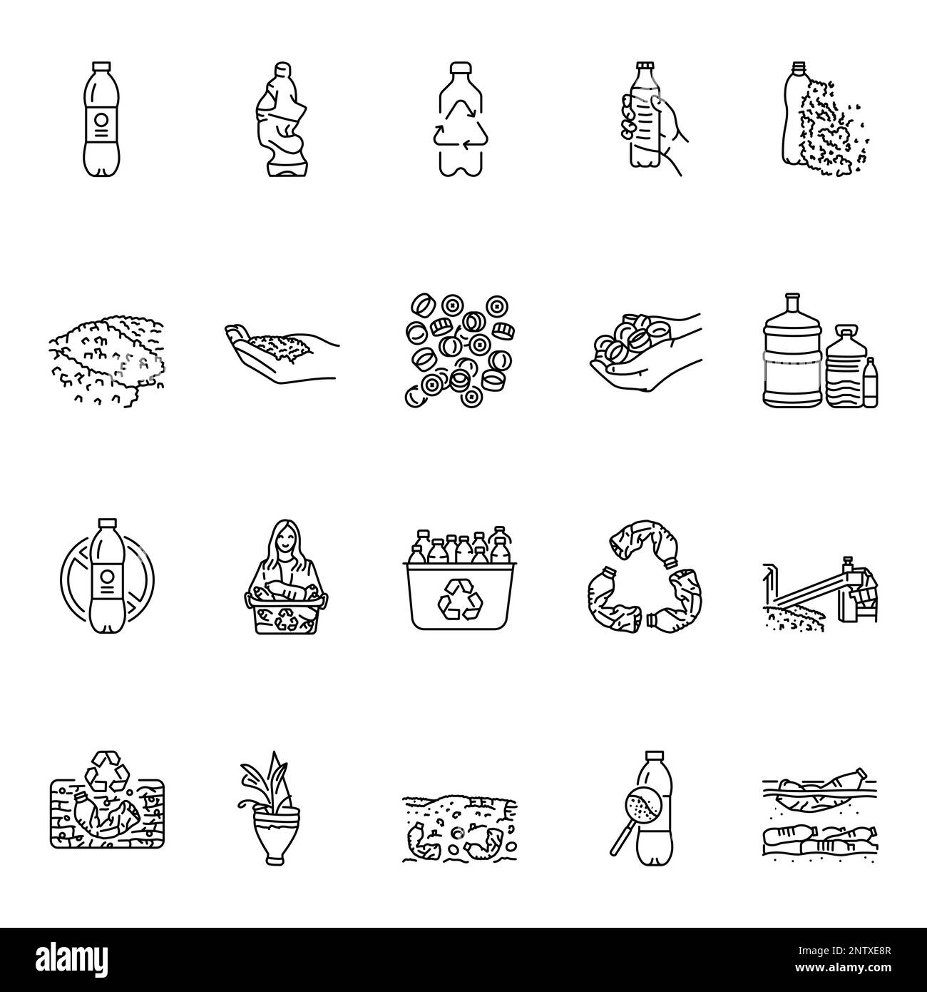 Plastic bottle recycling black line icons set pictograms for web page