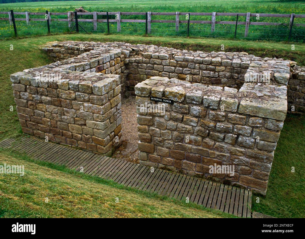 Interval tower inside the S wall of Chesters Roman fort, Hadrian's Wall, Northumberland, England, UK, between the S gate & SE angle tower. Stock Photo